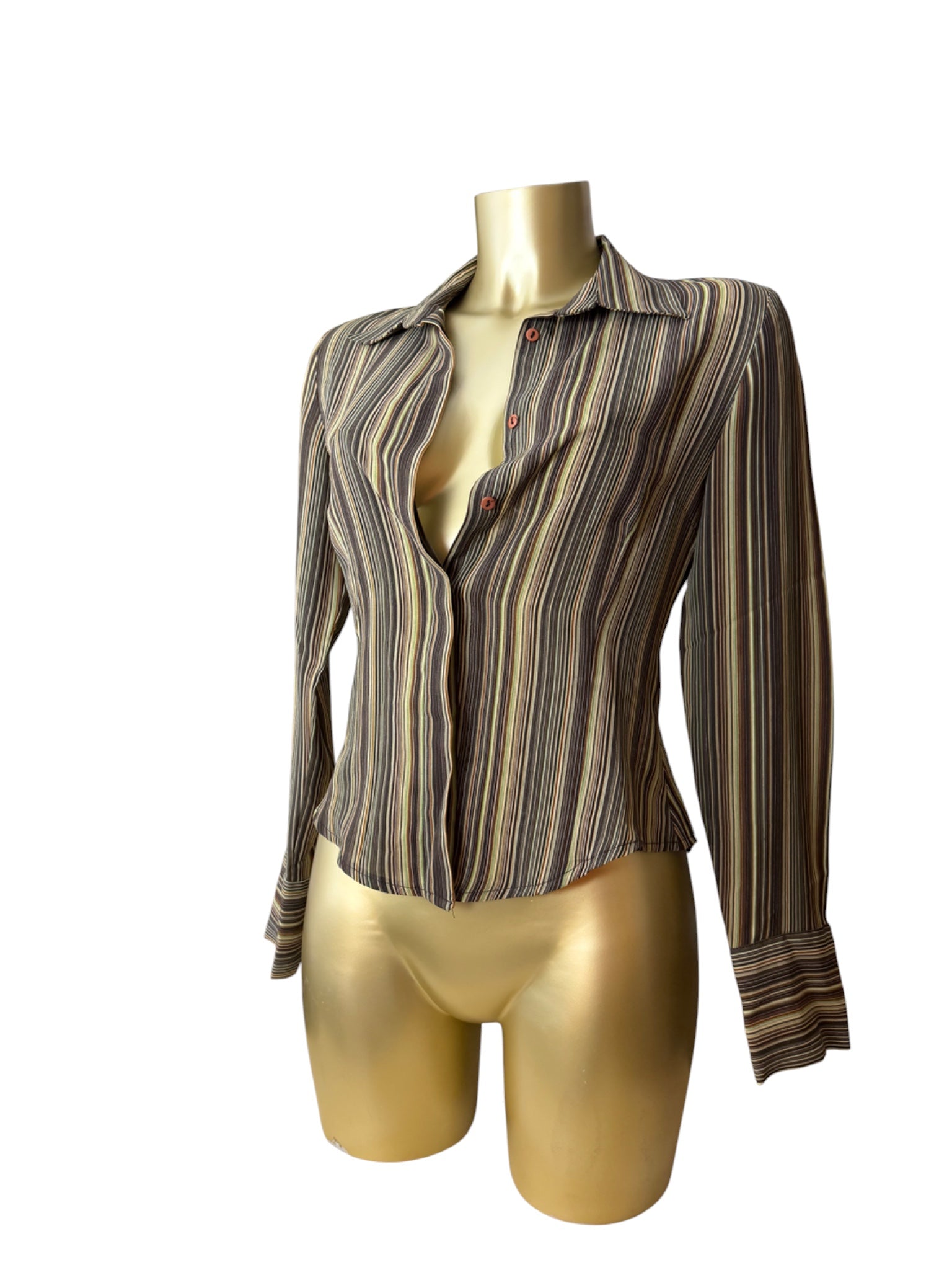 Khaki striped mesh long sleeves shirt (S/M)