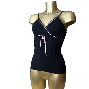 Black & baby pink bow cami top + mini shorty set (S)
