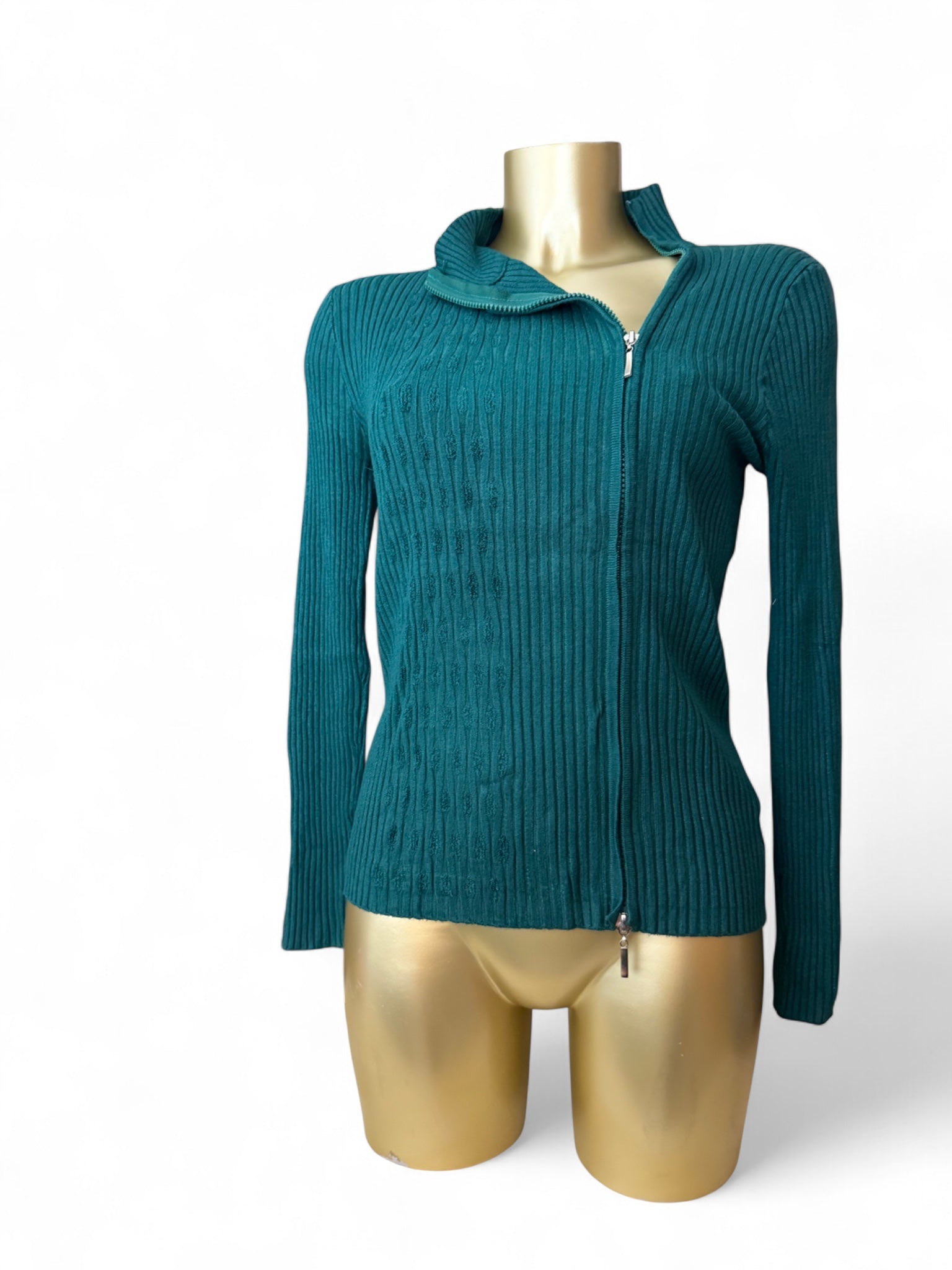 Green zip up ribbed jumper (S/M)
