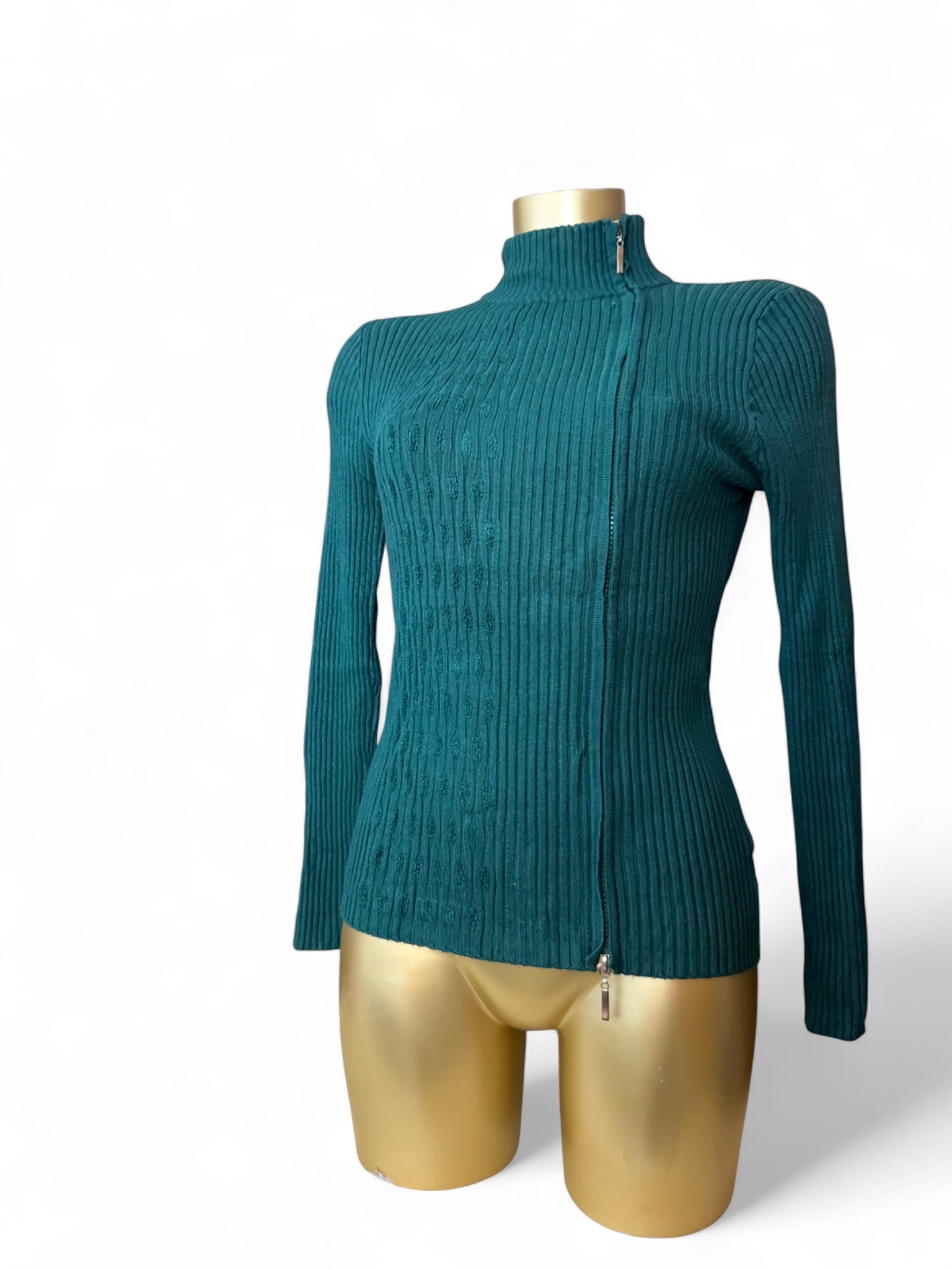Green zip up ribbed jumper (S/M)