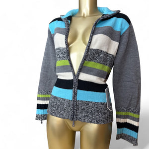 Grey striped zip up cardigan jumper (L)