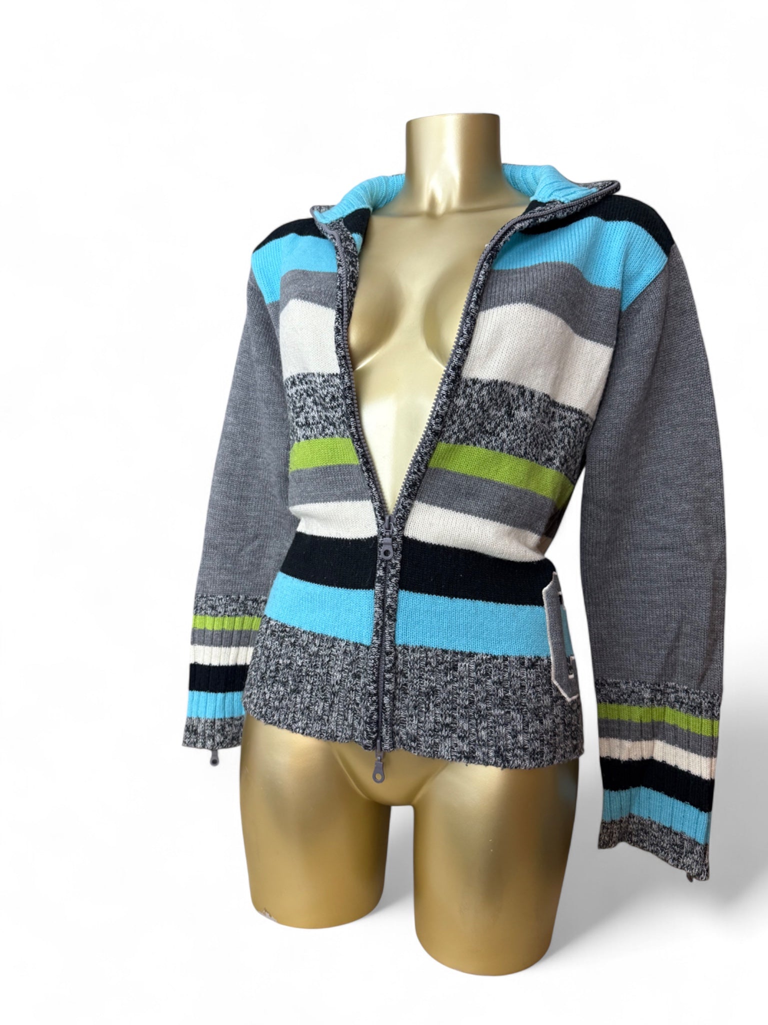 Grey striped zip up cardigan jumper (L)