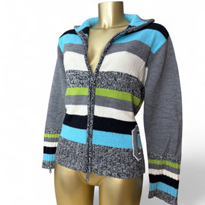 Grey striped zip up cardigan jumper (L)