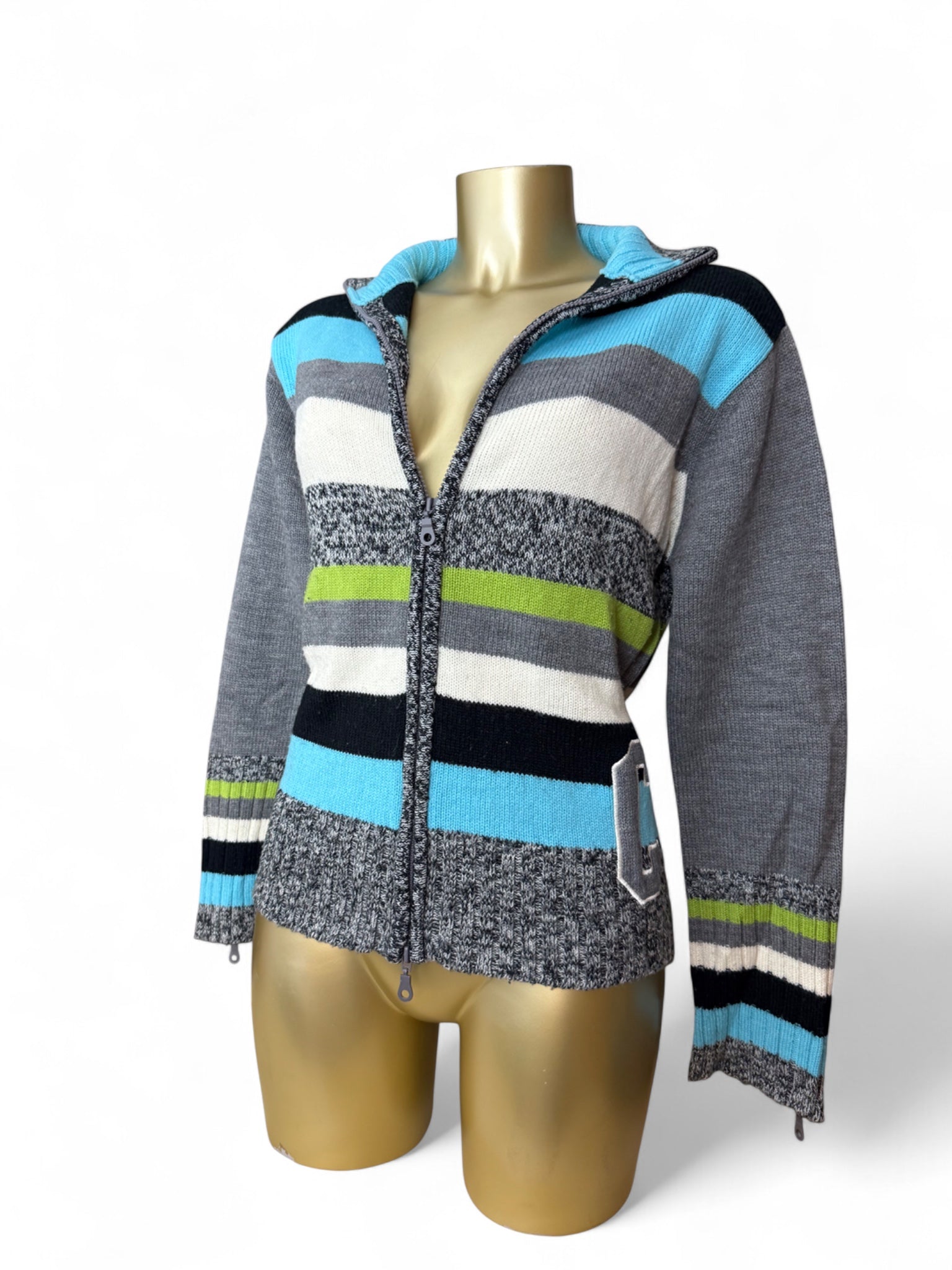 Grey striped zip up cardigan jumper (L)