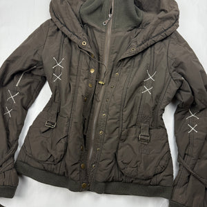 Khaki puffer winter zip up biker jacket (S/M)