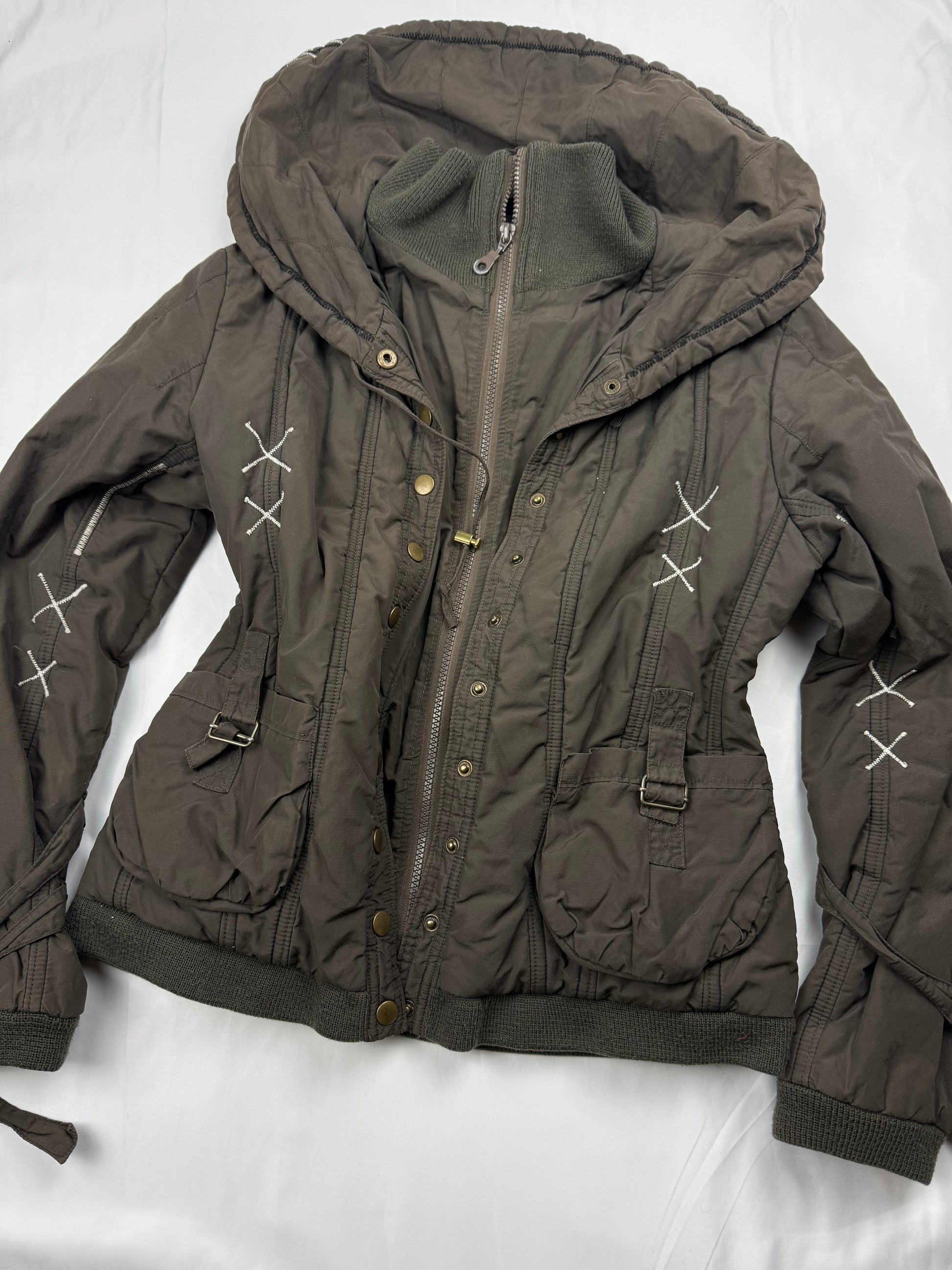 Khaki puffer winter zip up biker jacket (S/M)