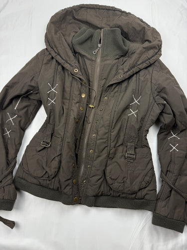 Khaki puffer winter zip up biker jacket (S/M)