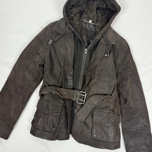 Brown real suede leather hooded biker jacket (S)