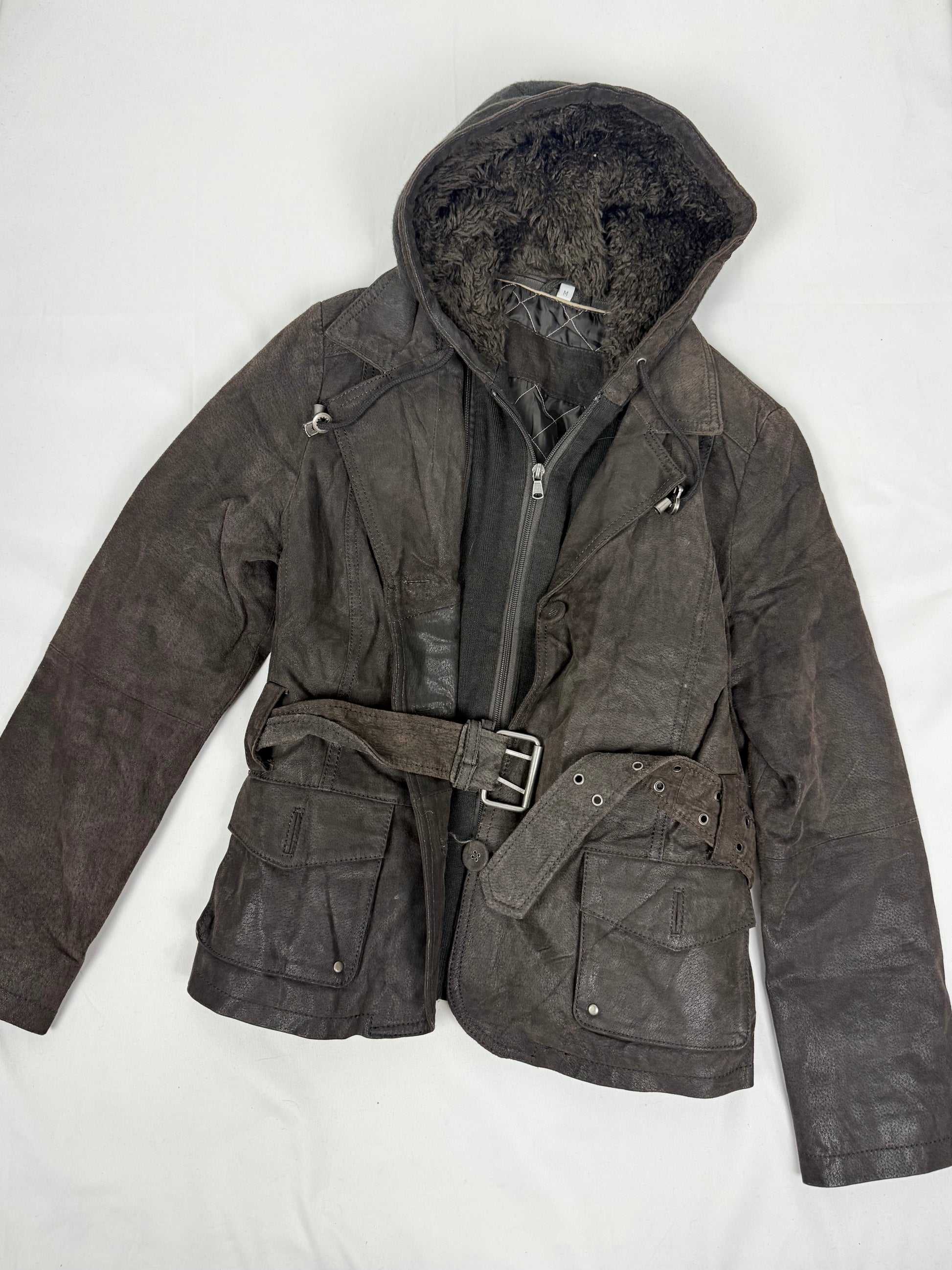 Brown real suede leather hooded biker jacket (S)