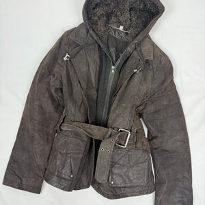 Brown real suede leather hooded biker jacket (S)