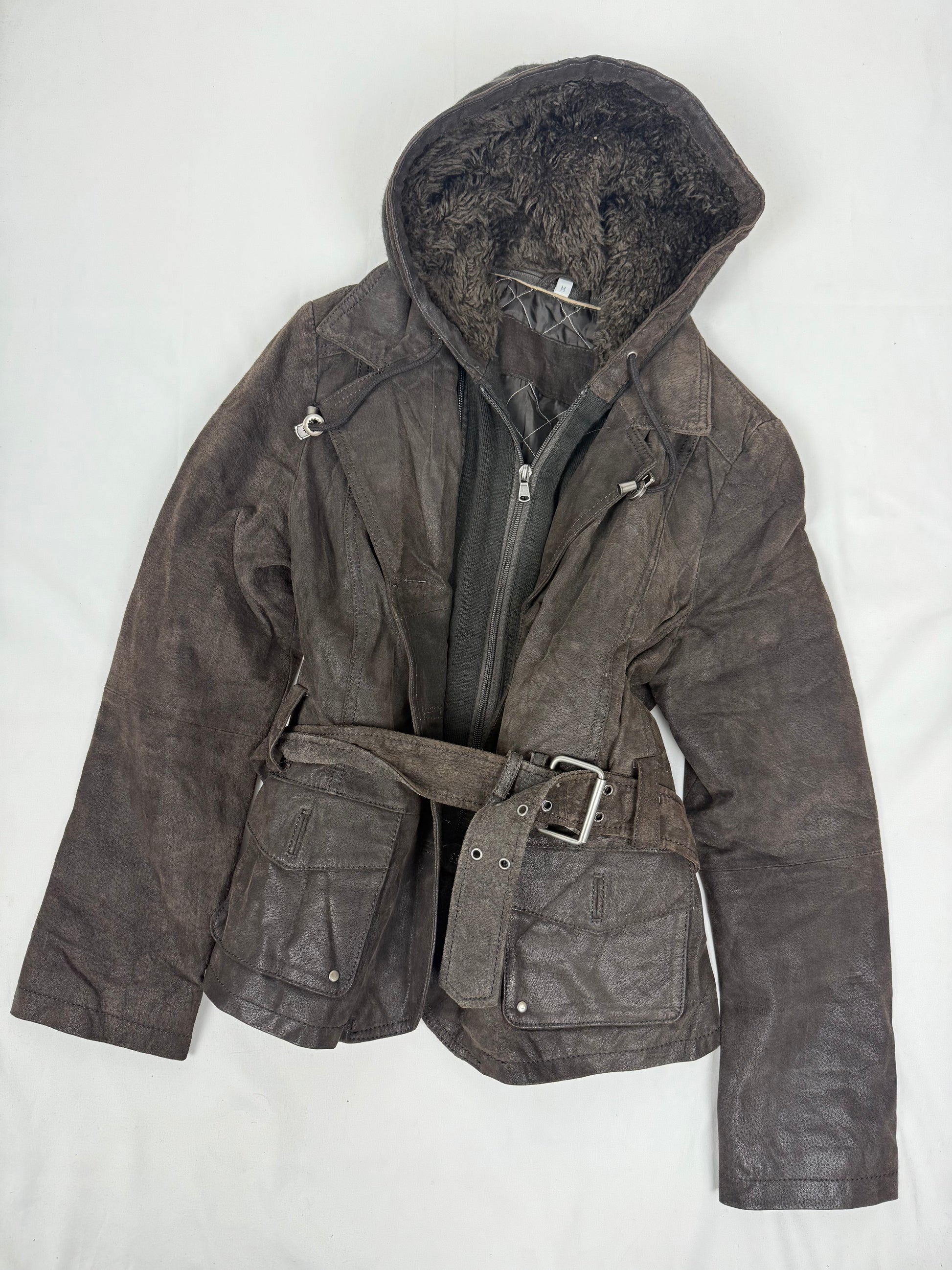 Brown real suede leather hooded biker jacket (S)