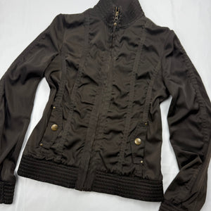 Khaki silky ruched zip up biker jacket (M)