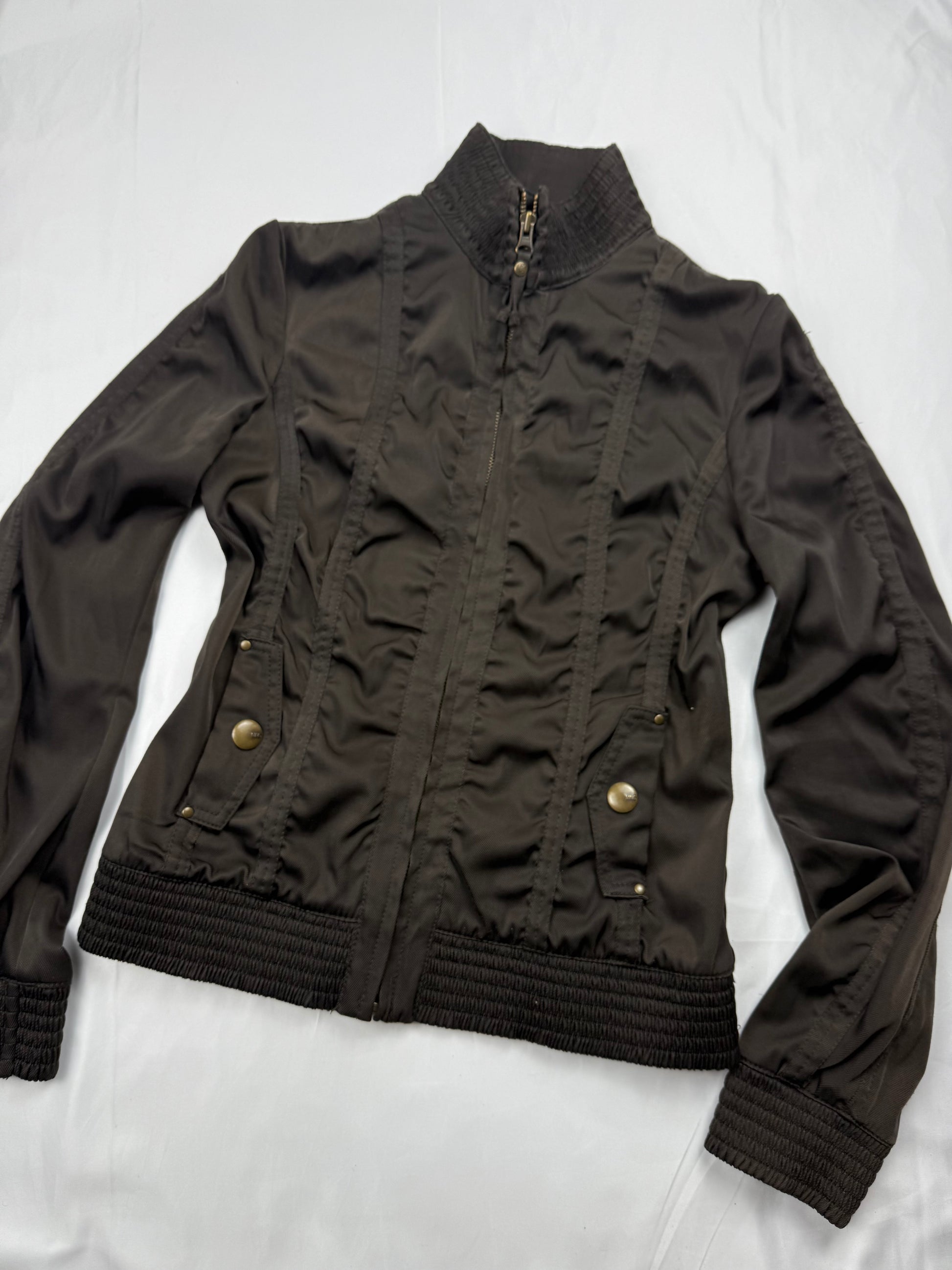 Khaki silky ruched zip up biker jacket (M)