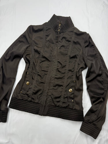 Khaki silky ruched zip up biker jacket (M)