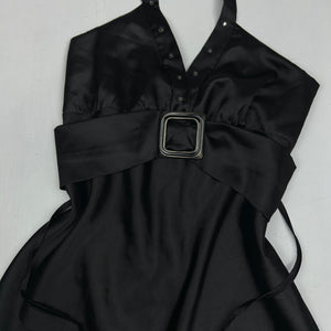 Black satin belt midi dress (S/M)