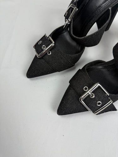 Black pointed toes buckles heels mules (37)