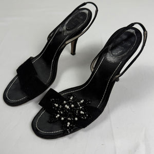 Black pearls flower appliquée open toes heels (37.5)