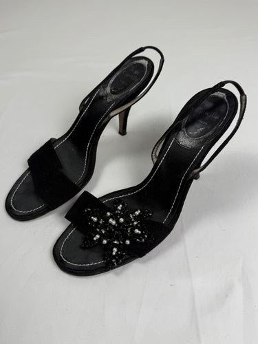 Black pearls flower appliquée open toes heels (37.5)