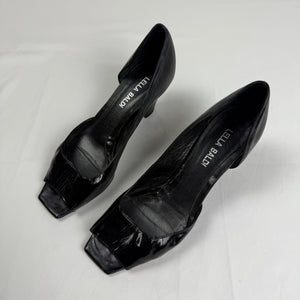 Black real leather open toes square heels (36)