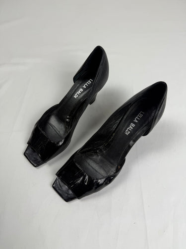 Black real leather open toes square heels (36)