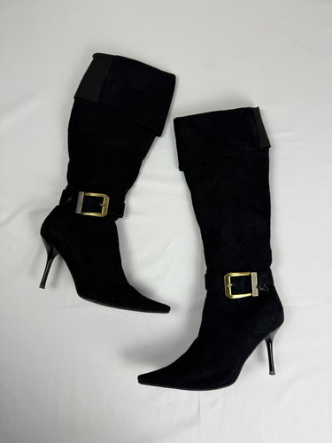 Black suede pointed toes buckles heels knee high boots (39)