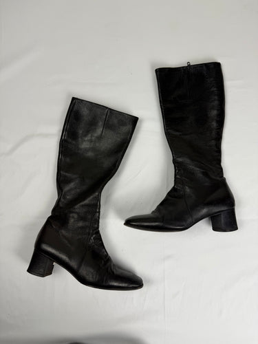 Black real leather square heels knee high boots (37.5)