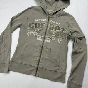 Khaki graphic zip up hoodie (XS/S)