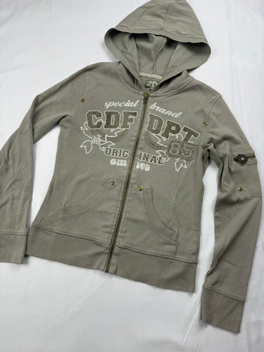 Khaki graphic zip up hoodie (XS/S)