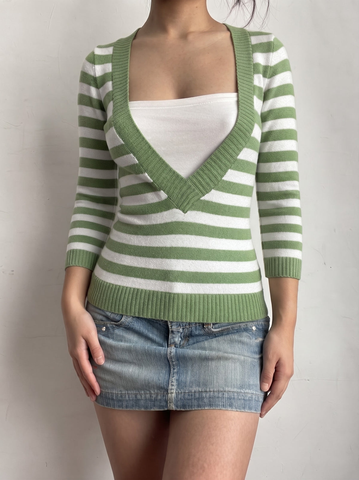 Green striped V neck layer jumper (S)