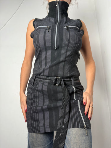 Black striped zip up stretchy tight fit mini dress (M)