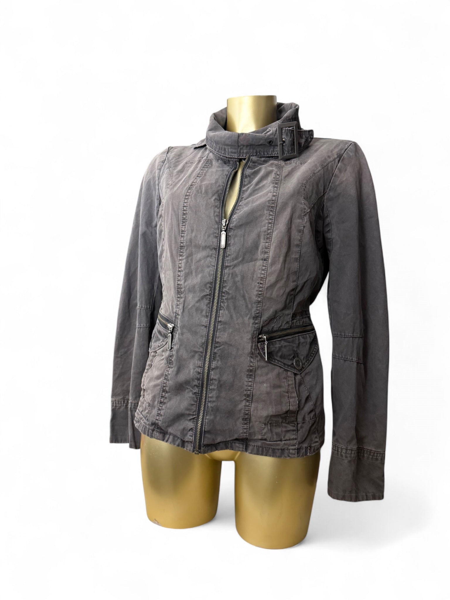 Grey cotton zip up tight fit biker jacket (L)