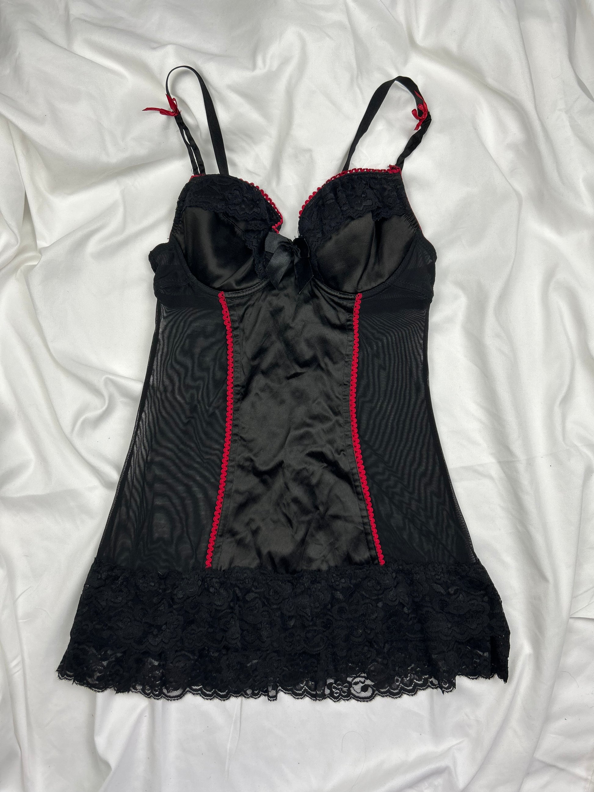 Black & red corset mesh babydoll mini dress (S)