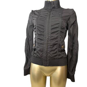 Khaki silky ruched zip up biker jacket (M)