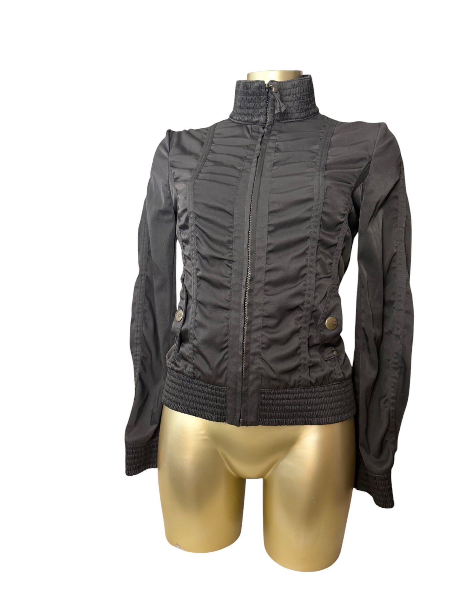 Khaki silky ruched zip up biker jacket (M)