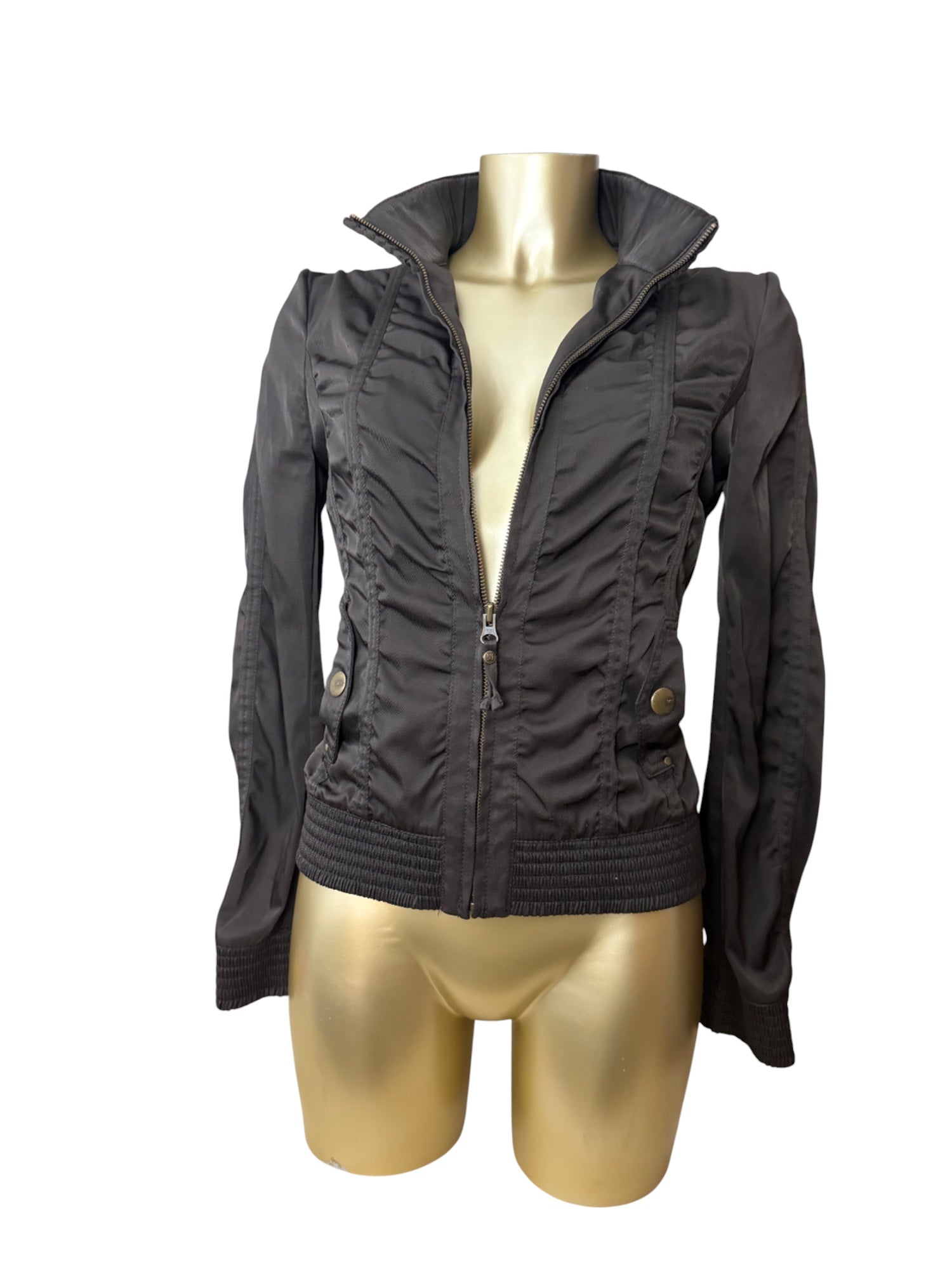 Khaki silky ruched zip up biker jacket (M)