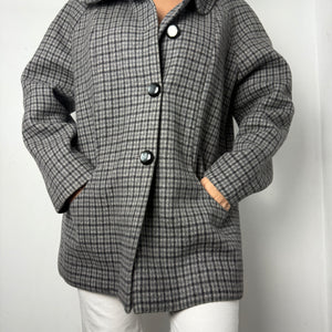 Grey check print buttons up winter coat (XL)
