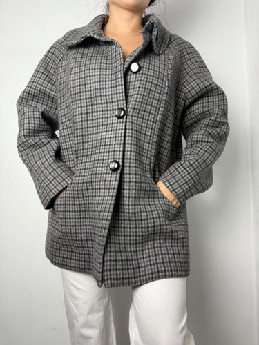 Grey check print buttons up winter coat (XL)