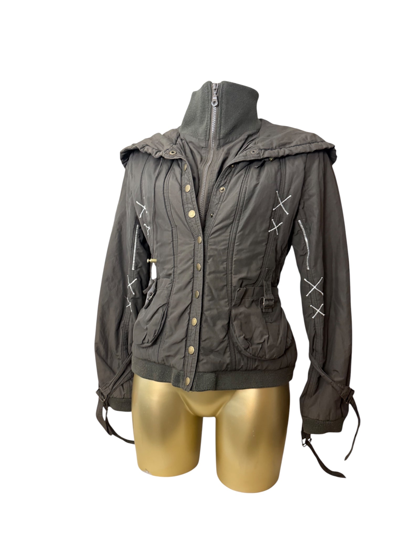 Khaki puffer winter zip up biker jacket (S/M)