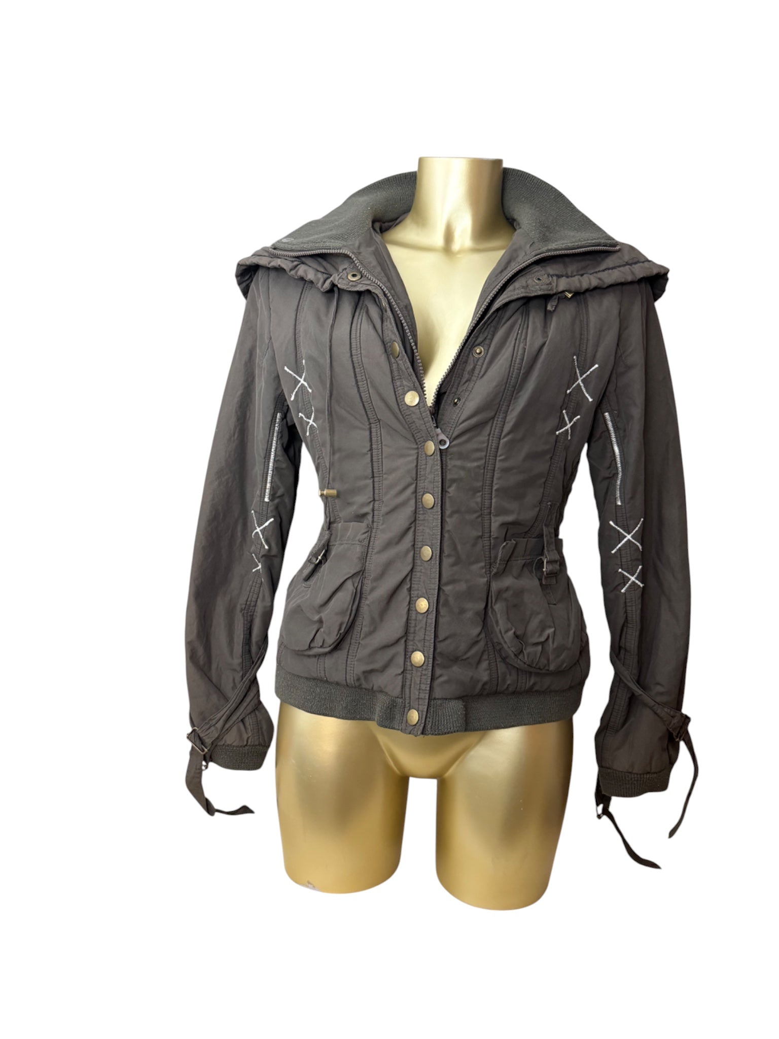 Khaki puffer winter zip up biker jacket (S/M)