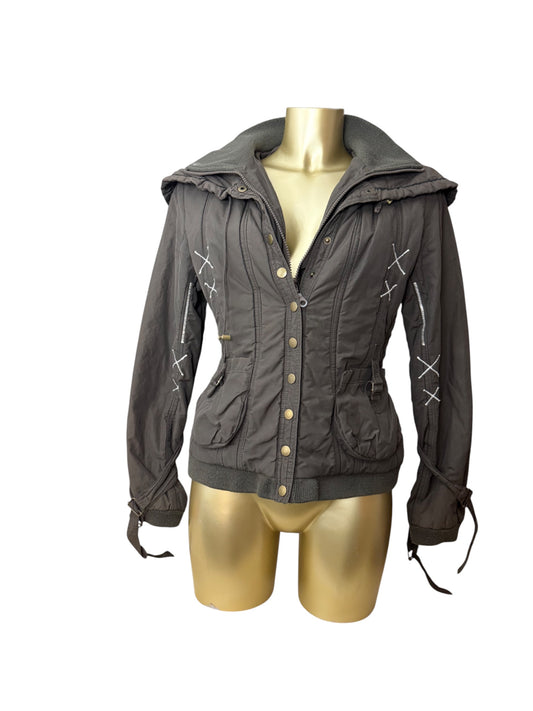 Khaki puffer winter zip up biker jacket (S/M)