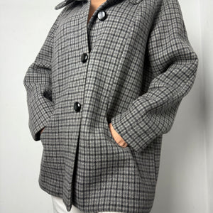 Grey check print buttons up winter coat (XL)