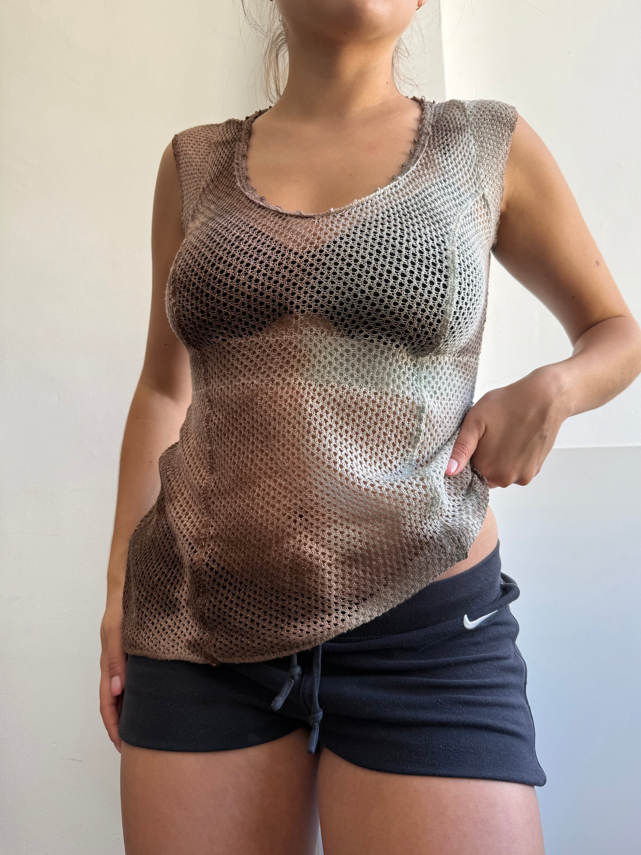Brown fishnet top (S)