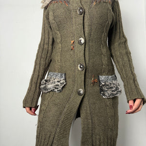 Khaki tight fit faux fur neck long cardigan jumper (S/M)