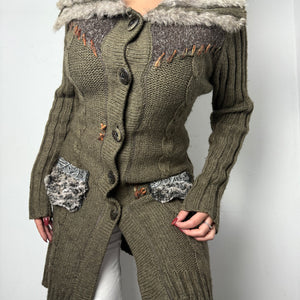 Khaki tight fit faux fur neck long cardigan jumper (S/M)