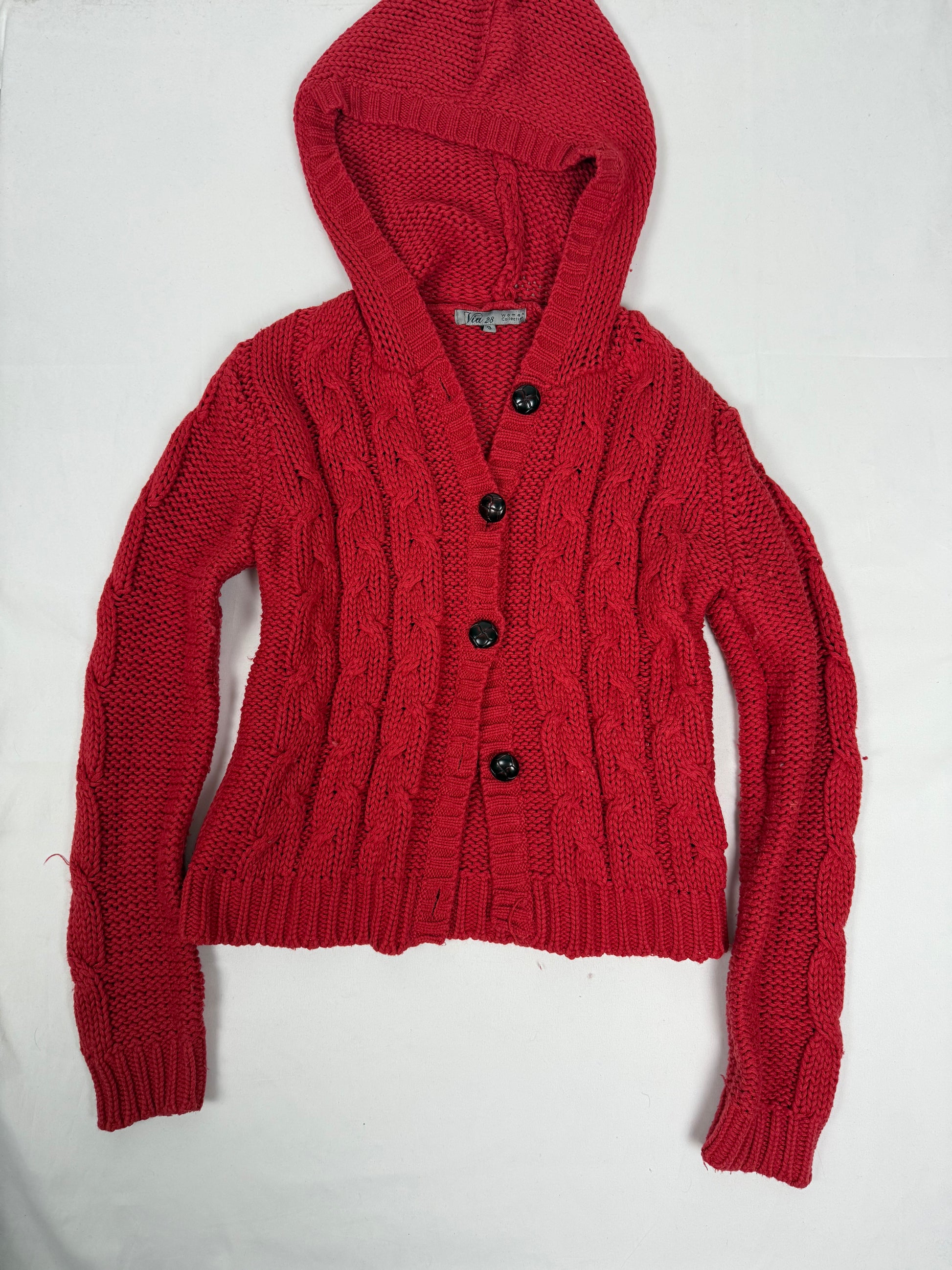 Red hooded cardigan jumper (L)
