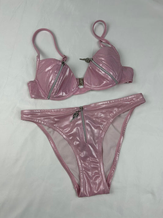 Pink metallic zip up low waisted bikini set (S)