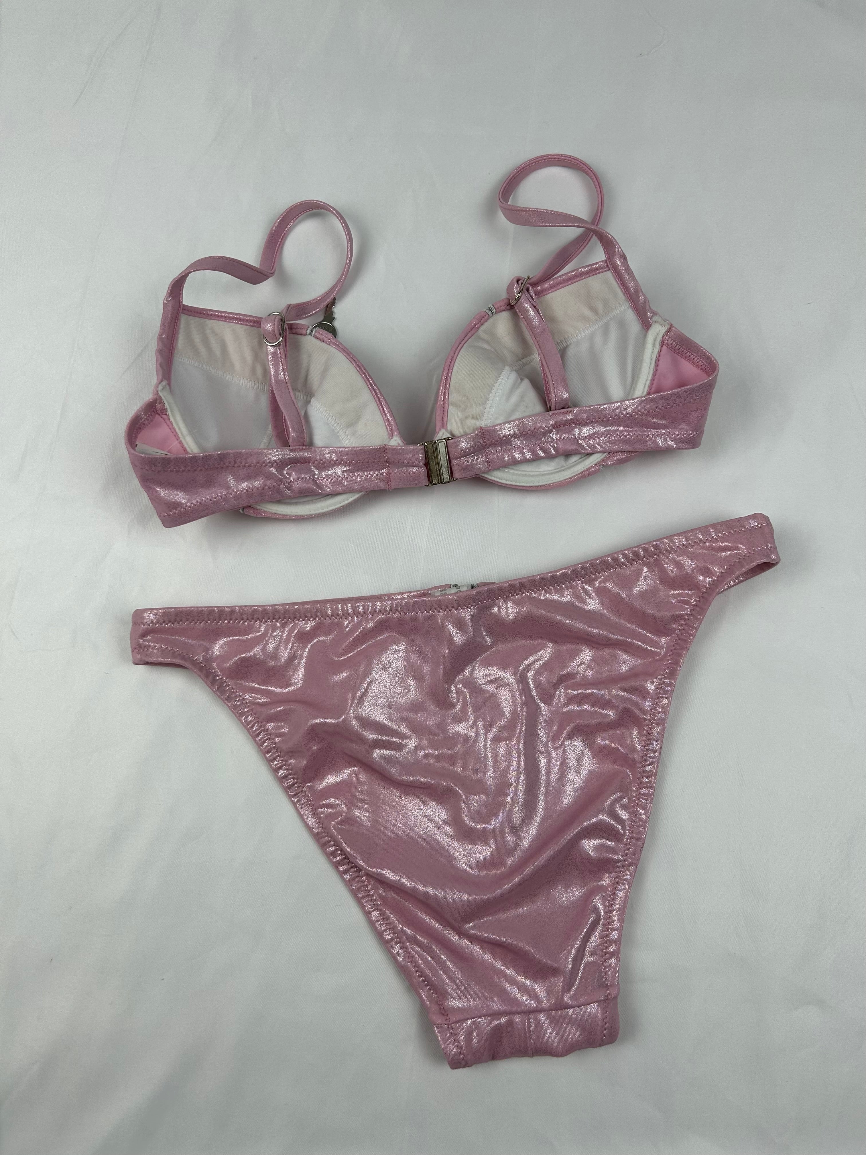 Pink metallic zip up low waisted bikini set (S)