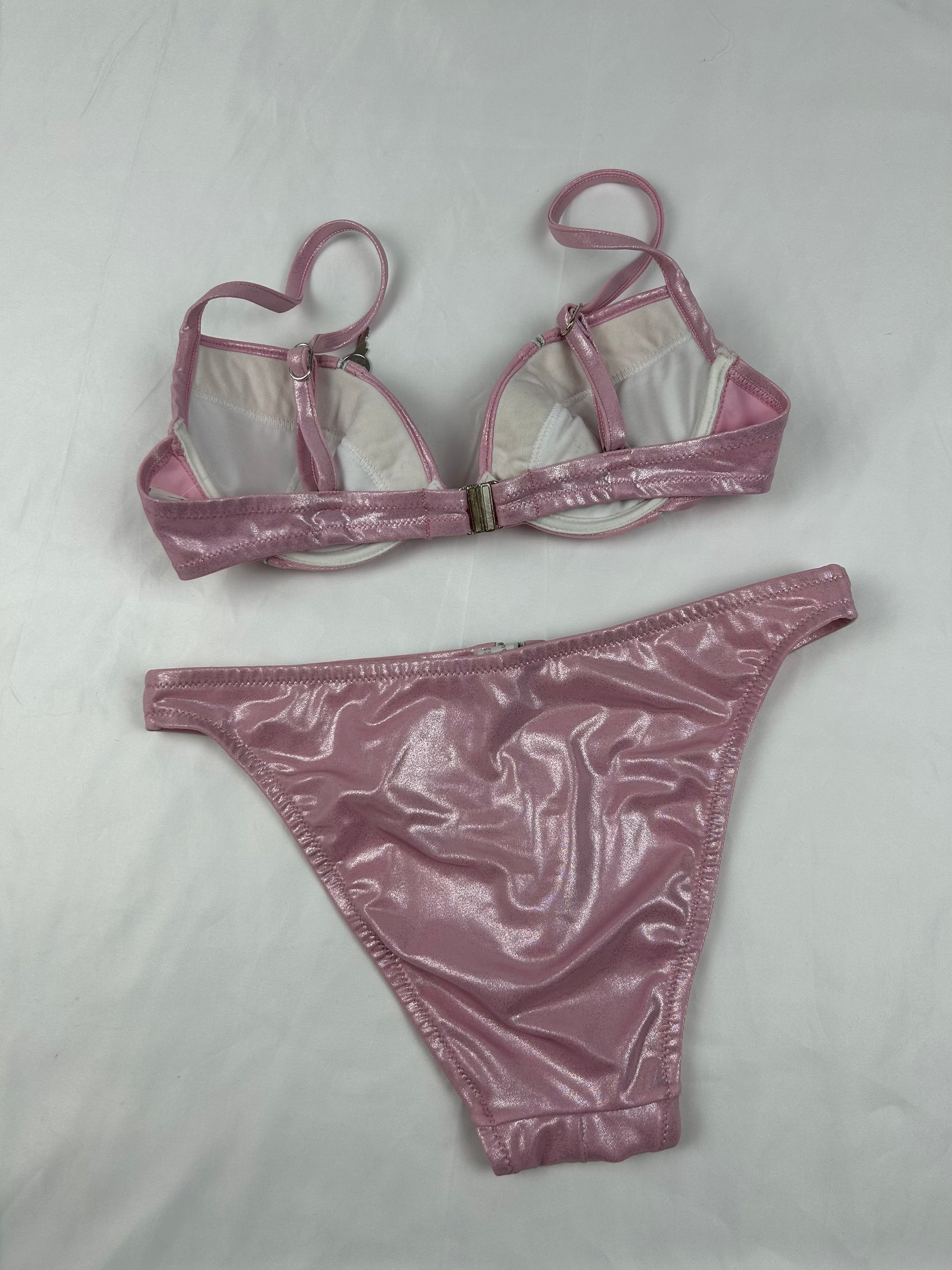 Pink metallic zip up low waisted bikini set (S)