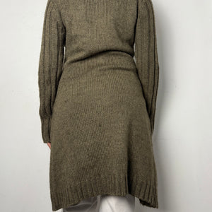 Khaki tight fit faux fur neck long cardigan jumper (S/M)