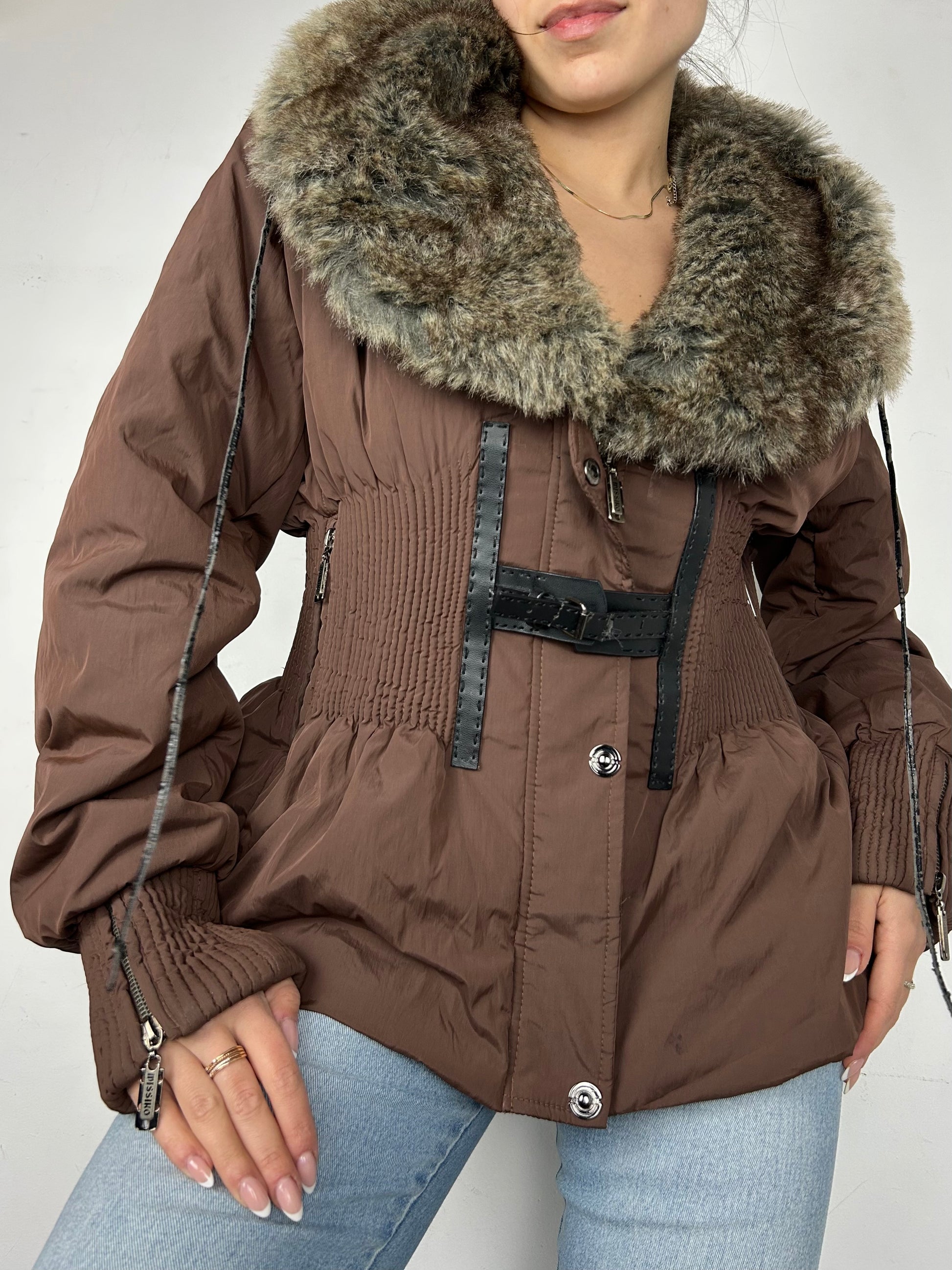Brown faux fur puffer jacket (M)